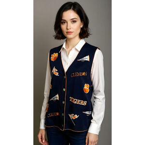 Clemson Tigers Women's XL Blue Embroidered Sweater Vest Button-Up